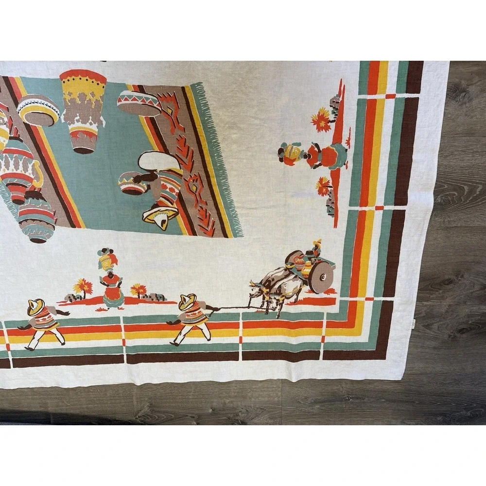 Vintage Startex Tablecloth 49x63 Vibrant Mexican Folk Art Southwestern MCM 1950s